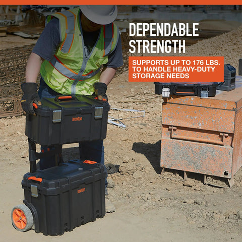 Worker using Workhorse Light Duty Modular Rolling Toolbox System With Telescopic Handle And Mobile Base With Two Rugged Rubber Wheels
