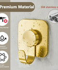 Heavy Duty Adhesive Wall Hooks In A Dope Four Pack, Stainless Steel Stick On Hangers With Badass Grip For Bathrooms And Kitchens, Waterproof And Super Fast To Put Up On Any Wall Or Door Without Drilling, Classic Gold Finish, close-up of gold hook on wet wall.