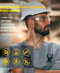 Man wearing safety glasses with hard hat, showcasing Six Pack Of Crystal Clear Safety Glasses Over Eyeglasses With Kickass Impact Resistant Polycarbonate Lenses, No Sweat ANSI Z87.1 Protective Eyewear For Hard Hat Jobs, Construction, And Backyard Chores.