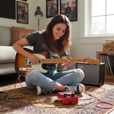 Guitarist using a compact loop pedal with 24 segment circular LED indicator for quick Rec, Overdub, and Play status at home.