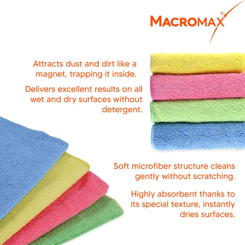 Macro Max microfiber cleaning cloths, pack of 4, assorted colors, soft non-scratch towels