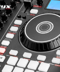 Close-up of Party-Ready Portable 2-Deck DJ Controller With LCD Display USB Audio Mic Input Record Output 16 Performance Pads Manual Looping Plug-And-Play Setup Includes Virtual DJ LE Software Download showing jog wheel and controls.