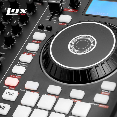 Close-up of Party-Ready Portable 2-Deck DJ Controller With LCD Display USB Audio Mic Input Record Output 16 Performance Pads Manual Looping Plug-And-Play Setup Includes Virtual DJ LE Software Download showing jog wheel and controls.
