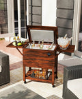 54-Quart Rolling Cooler Cart With Two Drop Leaf Tables Built In Bottle Opener Pine Wood Outdoor Beverage Cooler On Wheels Party Ready For Backyard Parties Yard Pool Deck Patio with ice and drinks on patio