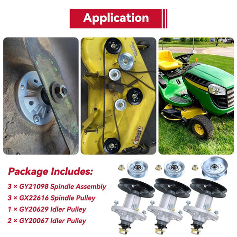 GY21098 Spindle Assembly With Idler Pulley Kit For John Deere D140 D155 D160 La145 displayed on mower deck and parts.