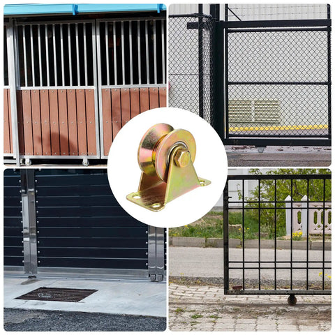 2 Inch V Groove Steel Casters Heavy Duty Gate Roller Kit 330 Lb Load Rating With Bracket for gates and rails in varied settings.