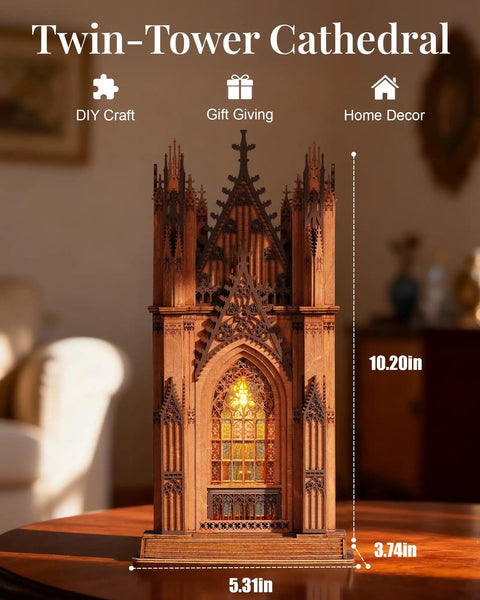 Front view of Gothic Architecture 3D Puzzle Kit For Adults With LED Lights Wooden Model Building Set DIY Craft, measuring 10.20in high.