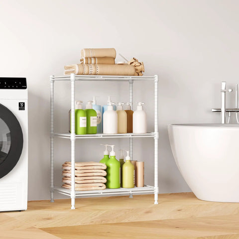 Industrial Grade Three Tier Wire Shelving Rack holding towels and cleaning supplies in a modern laundry room.