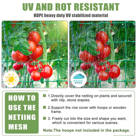 Tomatoes supported by Beefed Up Heavy Duty Garden Trellis Netting For Climbing Plants Outdoor Support 9.85 By 6.6 Feet With 27 Strands And 4 By 4 Inch Mesh Grow Net For Vines Cucumbers Tomatoes Beans Fruits And Vegetables, showing UV resistance instructions