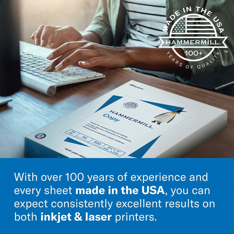 Person using a computer with Premium Laser Printer Paper For Color-Intense Printing, 24 Lb, 8.5 X 11 Inches, 2,500 Sheets Per Ream, Ultra-Smooth Finish, Bright White, 98 Bright, Made In The USA on desk