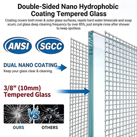 Built Different Hinged Shower Door In Matte Black With Integrated Dual Shelves Fits Width 59 To 60 Inches And Height 76 Inches Super Thick Glass showcasing double-sided hydrophobic coating for easy cleaning.