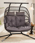 Double Egg Chair With Removable Adjustable Canopy For Outdoor Hangout Patio Balcony And Garden Oversized Hanging Hammock Chair With Cushioned Basket For Chilling In Sun Or Shade, featuring grey cushioned seating indoors.