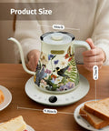 0.8L Gooseneck Electric Kettle With Precise Temperature Control For Pour Over Coffee And Tea, 1200W Fast Boiling, Auto Shut Off, Programmable Schedule, Stainless Steel Dope Floral Painted Design with size dimensions shown.