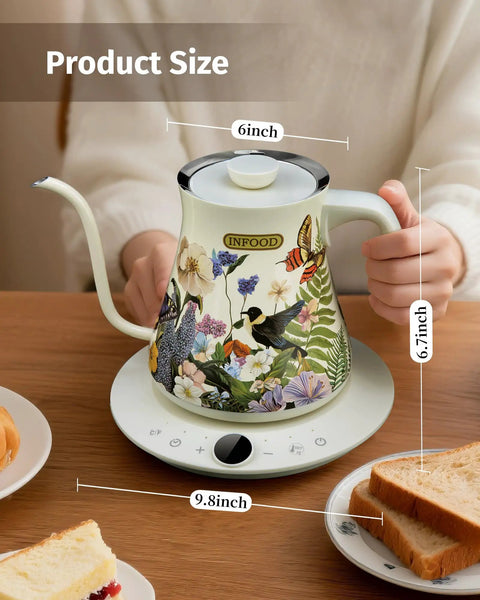 0.8L Gooseneck Electric Kettle With Precise Temperature Control For Pour Over Coffee And Tea, 1200W Fast Boiling, Auto Shut Off, Programmable Schedule, Stainless Steel Dope Floral Painted Design with size dimensions shown.