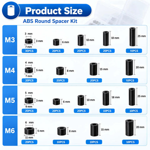Three Hundred Piece Abs Round Spacers Kit For PCB Boards Electronics Standoff Hardware sizes and quantities shown on a chart.