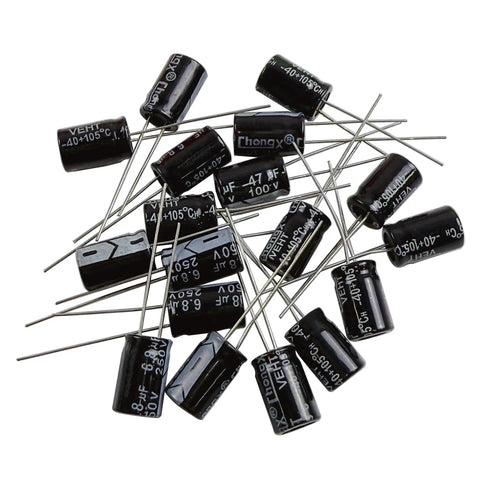 Pro Grade Aluminum Electrolytic Capacitor Assortment Kit Featuring 22 Values From 1UF To 100UF Across 100V 250V And 400V Ratings in assorted sizes.