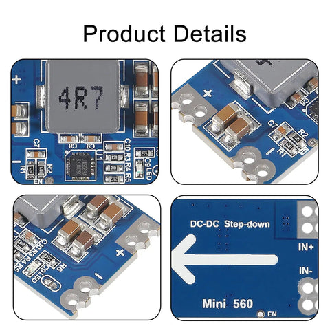 Close-up of the Five Volt Five Amp Mini560 Buck Converter Module for DIY Projects with visible circuits and labeling.