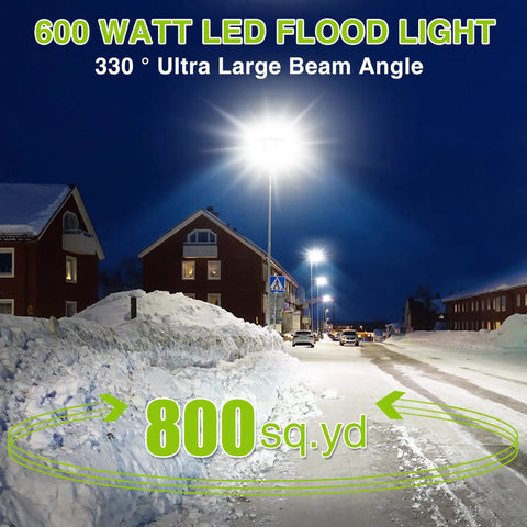 Heavy Duty 600W Led Flood Light Outdoor Kickin 60000 Lumens 6000K Daylight IP66 Waterproof illuminating snowy street scene.