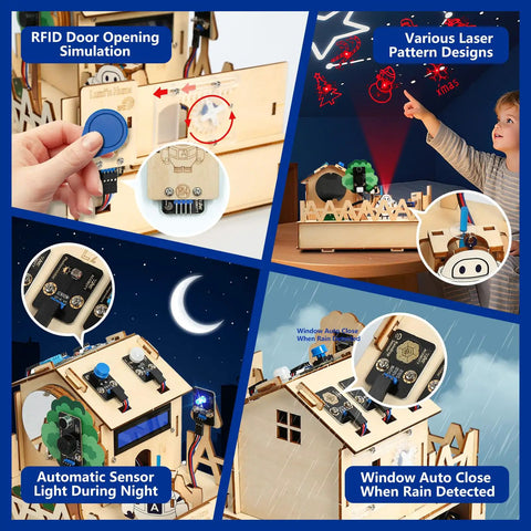 IoT Smart Home Hands-On Coding Kit For Arduino Fans featuring RFID, laser, and sensor modules in a wooden setup for kids and teens.