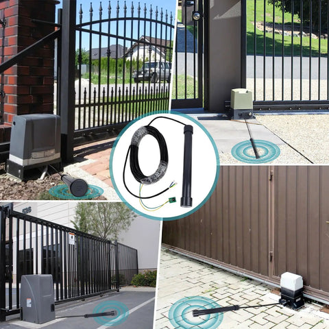 Driveway Gate Exit Wand Sensor For Automatic Gate Systems With Universal Five Wire Design, 12 to 24V, shown in various installations.