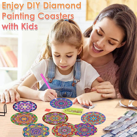 Mother and child creating Mandala Diamond Painting Coaster Kit With Holder For Dope DIY Beginners And Adults Art Coasters Cork Wood Pad Board Double Layer Strong And Wear Resistant Gift 4X4In.