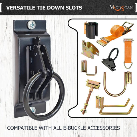 Heavy Duty 10 Pack E Track Tie Down Anchors Single Slot Anchor Points With Screws installed on wall with various accessories displayed.