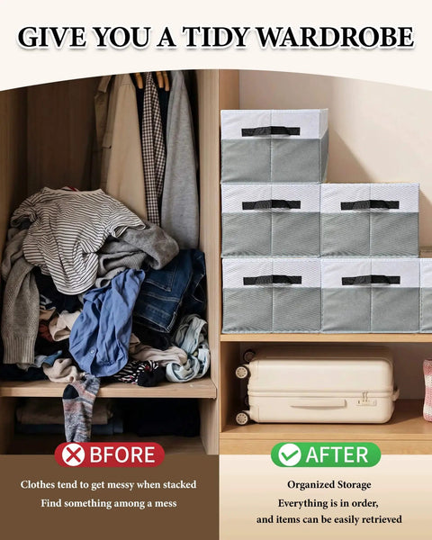 Real Deal Foldable Fabric Storage Cubes With Sturdy Reinforced Handles And Hassle Free Collapsible Closet Shelf Bins For Clothes Toys And Blankets 4 Pack of smooth operation organizers in a tidy wardrobe setup.