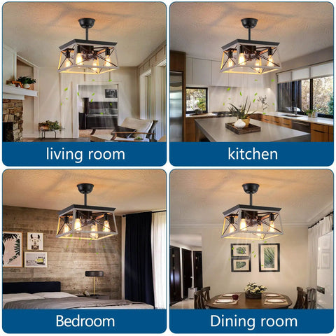 Rustic Farmhouse Caged Ceiling Fan With Light and Remote in living room, kitchen, bedroom, dining room, showcasing versatility.