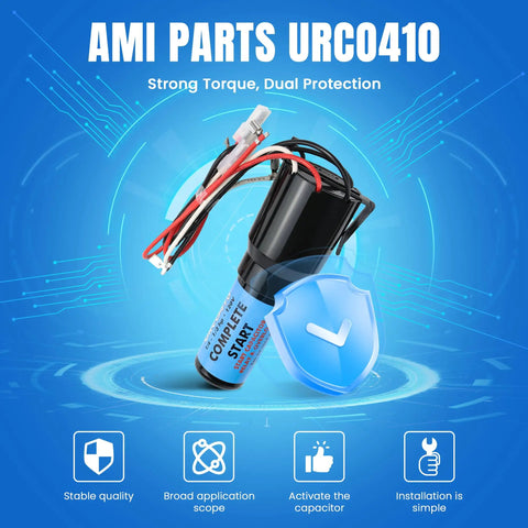 AMI Parts URCO410 3 In 1 Hard Start Kit, compact design for 115V fridges, featuring relay and capacitor for easy installation.