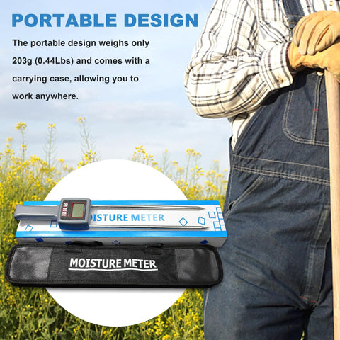Farmer holding Portable Hay Moisture Meter with Backlit Digital Display next to carrying case in the field.