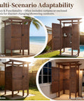 All Weather Solid Wood Outdoor Shower Enclosure with Storage Shelf and Lockable Door shown in various setups