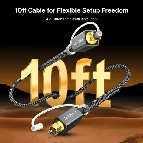 Extra Long 10 Foot Toslink Optical Audio Cable With Rock Solid SPDIF Digital Output For Hassle Free Home Theater Hookups And Flawless Lossless Stereo Audio Performance, featuring black nylon braided design.