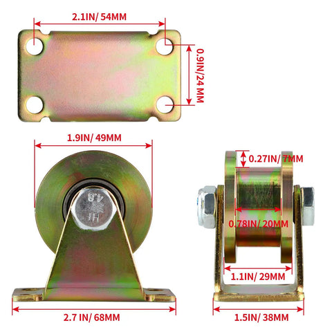 Set Of Four 2 Inch H Type Galvanized Steel Rollers With Iron Brackets For Three Quarter Square Tube Track heavy-duty measurement details.