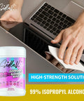 99 Percent Isopropyl Alcohol Wipes For Tech Cleaning Multipurpose Screen Keyboard Camera Glasses Phones Laptops And More 80 Count Pack Great For Laptops Tablets Consoles Printers And 3D Printers Made In USA, with hand using wipe on laptop.