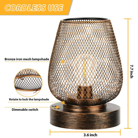 Bronze mesh table lamp with dimmable switch, 7.7x3.6 inches, from Two Pack USB Rechargeable Cordless Table Lamps With Four Lighting Modes.