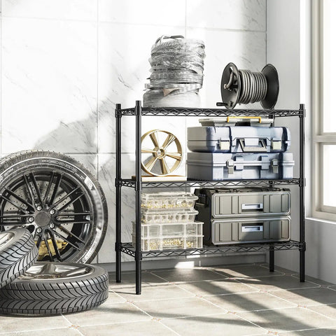 Rock Solid Three Tier Heavy Duty Wire Shelving System Featuring Adjustable Metal Storage Rack In Matte Black Finish supporting tools and boxes.