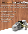 Passage Interior Door Knob Set Satin Stainless Heavy Duty Hardware With Easy Install And Reversible Design shown on wood background