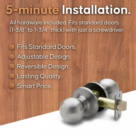 Passage Interior Door Knob Set Satin Stainless Heavy Duty Hardware With Easy Install And Reversible Design shown on wood background