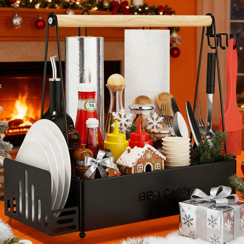 Grill Caddy With Dual Paper Towel Holders For Outdoor BBQs, loaded with condiments and utensils, black steel, by fireplace.