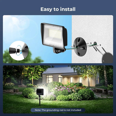 Image showing installation of 2 Pack 90W LED Flood Lights Outside Hella Bright 9000LM 6500K Daylight White on a wall and yard.