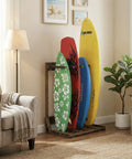 Rustic Burnt Wood Freestanding Surfboard Rack, 4 Foot Tall Vertical Stand For Indoor Storage, Holds Four Boards