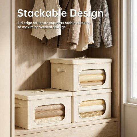 Large Cotton Linen Storage Bins With Lids 2 Pack Closet Organizer stacked on shelf showcasing breathable design and visible contents.