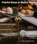 Comparison of painful sleep on thin pad vs better sleep on 2 Inch Memory Foam Comfy Camping Cot Pad For Folding Cots