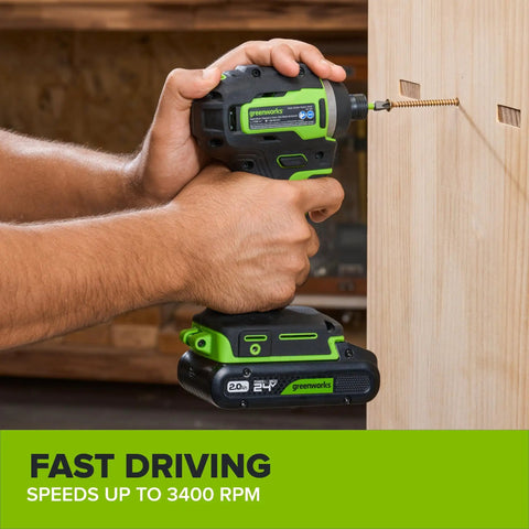 Gnarly 24V Brushless Cordless Impact Driver With Badass 1950 Inch Pound Torque And Fast Swap Hex Collet Two Point Zero Amp Hour Battery Paired With Lightning Fast Usb Charger And Reinforced Braided Cable Built Tough in use, driving a screw into wood.
