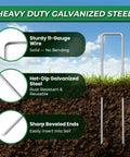 Beefed Up Six Inch Landscape Staples Kit With Fifty Galvanized U Shaped Stakes Fifty Gaskets Pick Hook And Rubber Mallet For Lawn Sod Weed Mat 11 Gauge Garden Pins For Yard showing sturdy galvanized steel staples with beveled ends
