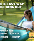 Woman enjoying a day in a blue hammock, outdoor setting, promoting versatility for camping, beach, backyard, and festivals.