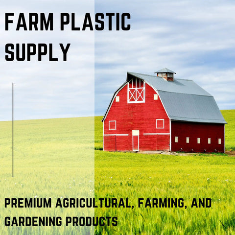 Red barn on a green field with text 'Farm Plastic Supply' and 'Premium Agricultural, Farming, and Gardening Products'.