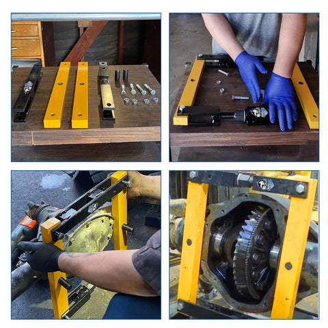 Differential Housing Case Spreader for Dana 30-80 Series, installation process and components, heavy-duty steel, red powder coat.