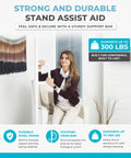 Tension Mounted Floor To Ceiling Transfer Pole With A Swivel Grab Bar And Rock Solid Grip For Bathroom Safety Senior Assist And No Sweat Daily Mobility Support In White, featuring a woman using the bar.