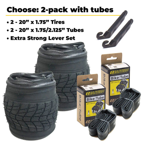 20 Inch Bike Tire Replacement Kit With Tools For Kids And BMX Bikes Fits 20x1.75 Tubes Tires Rims Front Or Rear Wheels Includes Essential Tire Tools 1 Pack Or 2 Pack No Tube Option Upgrade From Stock Parts showing 2-pack with tubes and lever set